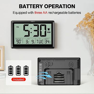 10.6 Inch Digital Wall Clock Battery Operated Large Display Calendar Indoor Temperature Humidity