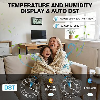 10.6 Inch Digital Wall Clock Battery Operated Large Display Calendar Indoor Temperature Humidity