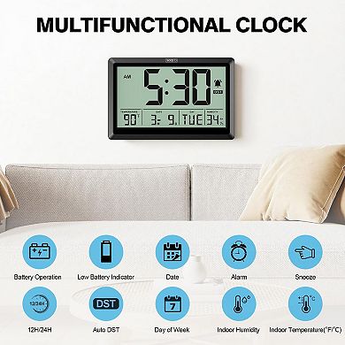 10.6 Inch Digital Wall Clock Battery Operated Large Display Calendar Indoor Temperature Humidity