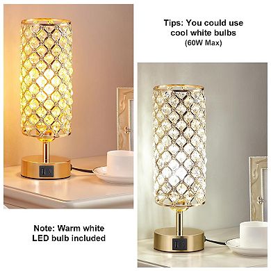 Crystal Table Lamp 3 Way Dimmable Touch Control USB-C USB-A Charging Ports Bedside Nightstand Light