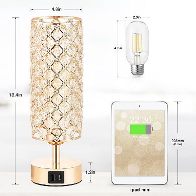 Crystal Table Lamp 3 Way Dimmable Touch Control USB-C USB-A Charging Ports Bedside Nightstand Light