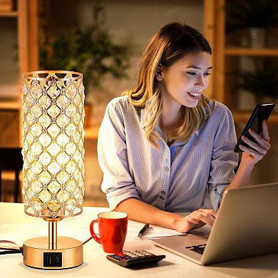 Crystal Table Lamp 3 Way Dimmable Touch Control USB-C USB-A Charging Ports Bedside Nightstand Light