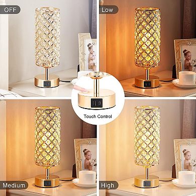 Crystal Table Lamp 3 Way Dimmable Touch Control USB-C USB-A Charging Ports Bedside Nightstand Light