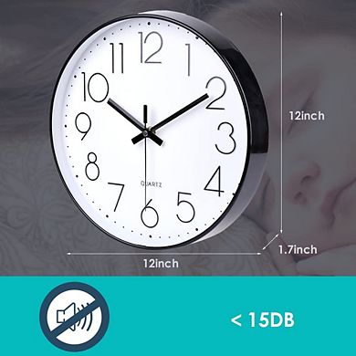 12 Inch Silent Wall Clock Non Ticking Quartz Modern Decorative Round Numbers Dial for Office Home