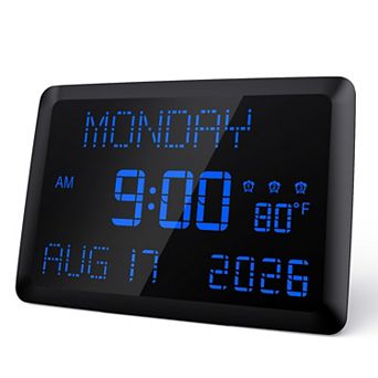 11.5" Large Digital Alarm Clock with Calendar Day Date Indoor Temperature 3 Alarms 2 USB Ports