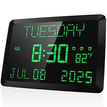 11.5" Large Digital Alarm Clock with Calendar Day Date Indoor Temperature 3 Alarms 2 USB Ports