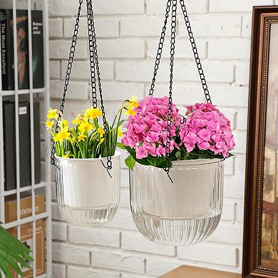 4 Self Watering Hanging Planters Indoor Outdoor Flower Pots 6.5" 4.5" Clear Plastic Baskets