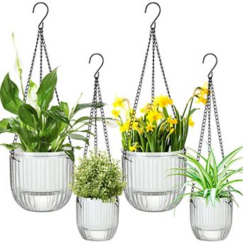 4 Self Watering Hanging Planters Indoor Outdoor Flower Pots 6.5" 4.5" Clear Plastic Baskets