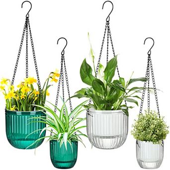 4 Self Watering Hanging Planters Indoor Outdoor Flower Pots 6.5" 4.5" Clear Plastic Baskets