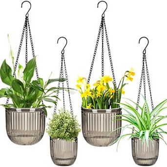 4 Self Watering Hanging Planters Indoor Outdoor Flower Pots 6.5" 4.5" Clear Plastic Baskets