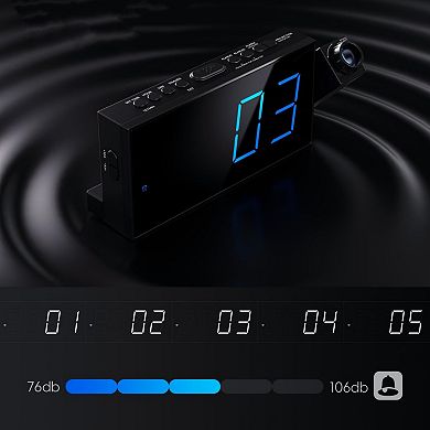 Digital Projection Alarm Clock 7" LED Display 180° Rotatable Projector 5-Level Dimmer Dual Alarms