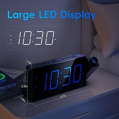 Digital Projection Alarm Clock 7" LED Display 180° Rotatable Projector 5-Level Dimmer Dual Alarms
