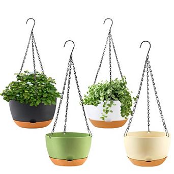 4 Pack 8 Inch Self-Watering Hanging Planters with Drainage Holes and Chain for Indoor Outdoor Plants