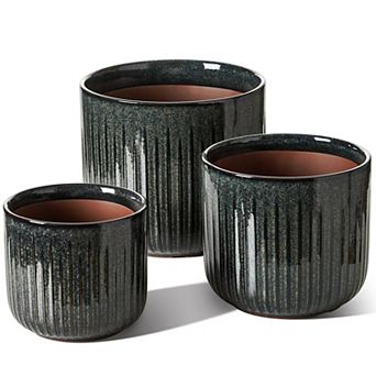 Ceramic Plant Pots 8.3/7/5.7 Inch Set of 3 Reactive Glaze Fluted Planters with Drainage Holes Indoor