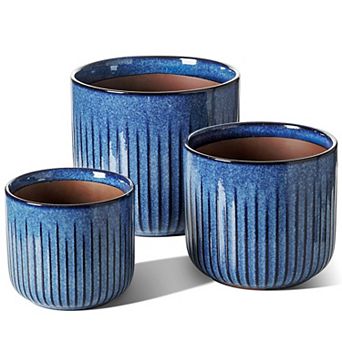 Ceramic Plant Pots 8.3/7/5.7 Inch Set of 3 Reactive Glaze Fluted Planters with Drainage Holes Indoor