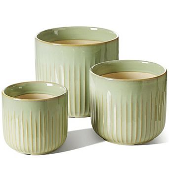 Ceramic Plant Pots 8.3/7/5.7 Inch Set of 3 Reactive Glaze Fluted Planters with Drainage Holes Indoor