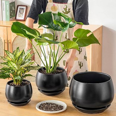 3-Pack Ceramic Plant Pots Indoor Planters with Saucers Drainage Hole for Plants