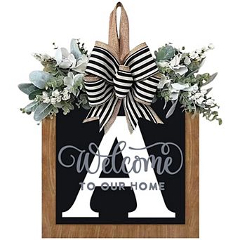 14" Personalized Letter Welcome Wreath Eucalyptus Bow All Season Front Door Decoration