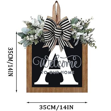 14" Personalized Letter Welcome Wreath Eucalyptus Bow All Season Front Door Decoration