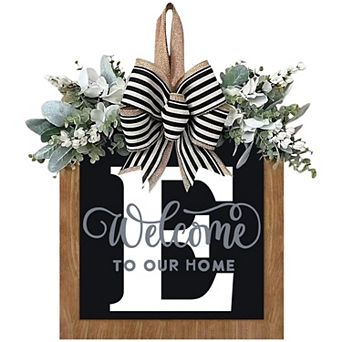 14" Personalized Letter Welcome Wreath Eucalyptus Bow All Season Front Door Decoration