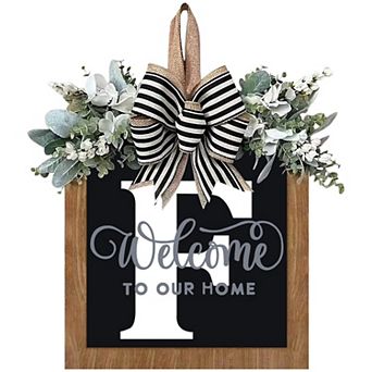 14" Personalized Letter Welcome Wreath Eucalyptus Bow All Season Front Door Decoration