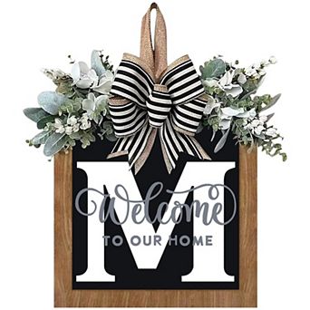 14" Personalized Letter Welcome Wreath Eucalyptus Bow All Season Front Door Decoration