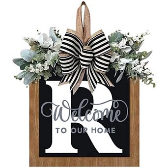 14" Personalized Letter Welcome Wreath Eucalyptus Bow All Season Front Door Decoration
