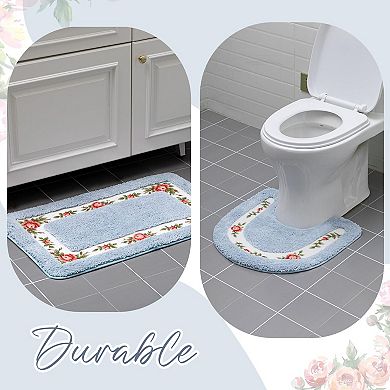 3 Pcs Floral Bath Rugs Set Non Slip Soft Polyester Flower Bathroom Mats Coquette Room Decor