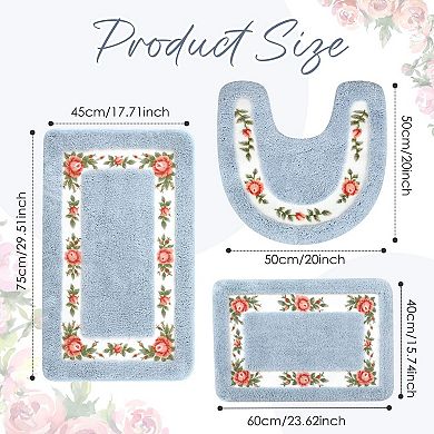 3 Pcs Floral Bath Rugs Set Non Slip Soft Polyester Flower Bathroom Mats Coquette Room Decor