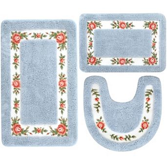 3 pc Floral Bath Rugs Set Non Slip Soft Polyester Flower Bathroom Mats Coquette Room Decor