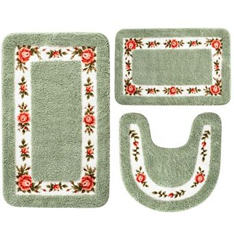 3 pc Floral Bath Rugs Set Non Slip Soft Polyester Flower Bathroom Mats Coquette Room Decor