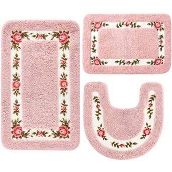 3 pc Floral Bath Rugs Set Non Slip Soft Polyester Flower Bathroom Mats Coquette Room Decor