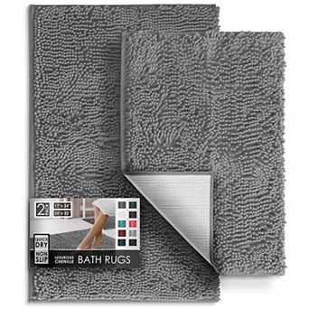 Bathroom Rugs Chenille Bath Mat Set 2 pc Non-Slip Rubber Backing Quick Dry Machine Washable 17x24