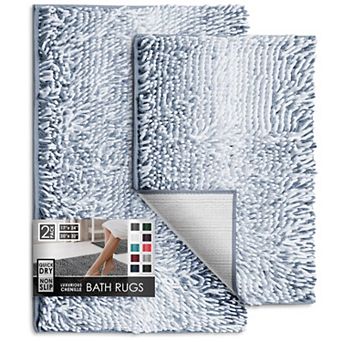 Bathroom Rugs Chenille Bath Mat Set 2 pc Non-Slip Rubber Backing Quick Dry Machine Washable 17x24