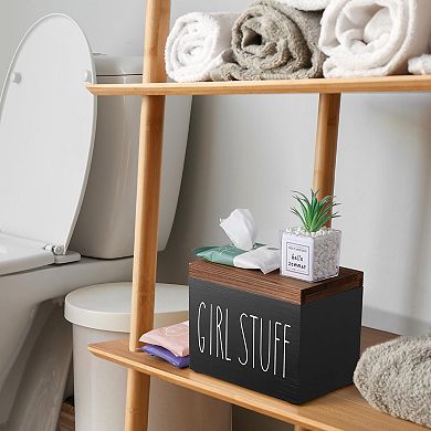 Bathroom Feminine Product Organizer Pad Tampon Storage Box with Hinged Lid Wood Holder