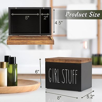 Bathroom Feminine Product Organizer Pad Tampon Storage Box with Hinged Lid Wood Holder