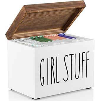 Bathroom Feminine Product Organizer Pad Tampon Storage Box with Hinged Lid Wood Holder