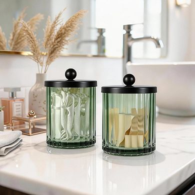 4 Pack Sage Green Glass Jar Qtip Holder Dispenser Cotton Swabs Balls Makeup Pads Floss Bathroom