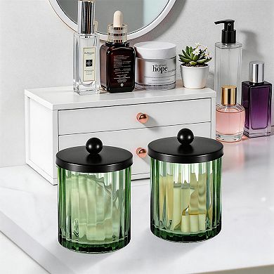 4 Pack Sage Green Glass Jar Qtip Holder Dispenser Cotton Swabs Balls Makeup Pads Floss Bathroom
