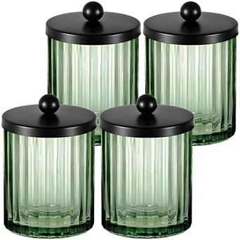 4 Pack Sage Green Glass Jar Qtip Holder Dispenser Cotton Swabs Balls Makeup Pads Floss Bathroom