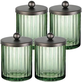 4 Pack Sage Green Glass Jar Qtip Holder Dispenser Cotton Swabs Balls Makeup Pads Floss Bathroom