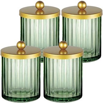 4 Pack Sage Green Glass Jar Qtip Holder Dispenser Cotton Swabs Balls Makeup Pads Floss Bathroom