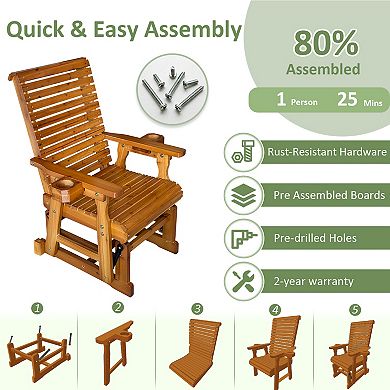 Fortune Candy 1 Person Wood Patio Glider with Cup Holders and Deep Contoured Seat