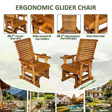 Fortune Candy 1 Person Wood Patio Glider with Cup Holders and Deep Contoured Seat