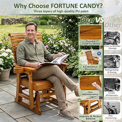 Fortune Candy 1 Person Wood Patio Glider with Cup Holders and Deep Contoured Seat