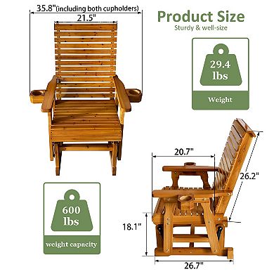 Fortune Candy 1 Person Wood Patio Glider with Cup Holders and Deep Contoured Seat