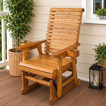 Fortune Candy 1 Person Wood Patio Glider with Cup Holders and Deep Contoured Seat