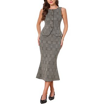 2 pc Plaid Outfits for Women's Dressy Casual Button Down Vest and Vintage Mermaid Maxi Skirt Set