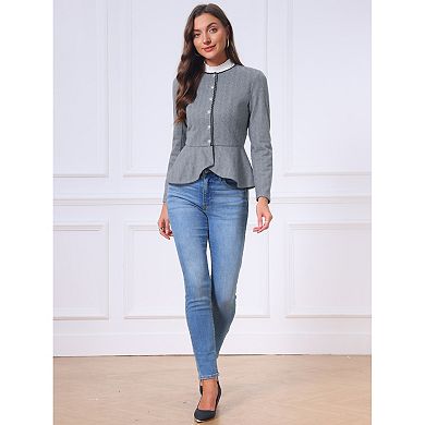 Vintage Jacket for Women Crew Neck Herringbone Long Sleeve Button Down Ruffled Hem Business Jackets