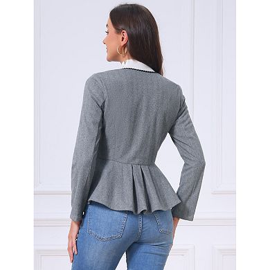 Vintage Jacket for Women Crew Neck Herringbone Long Sleeve Button Down Ruffled Hem Business Jackets